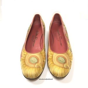SALVATORE FERRAGAMO SUNFLOWER SILK FLATS SZ 8 2A